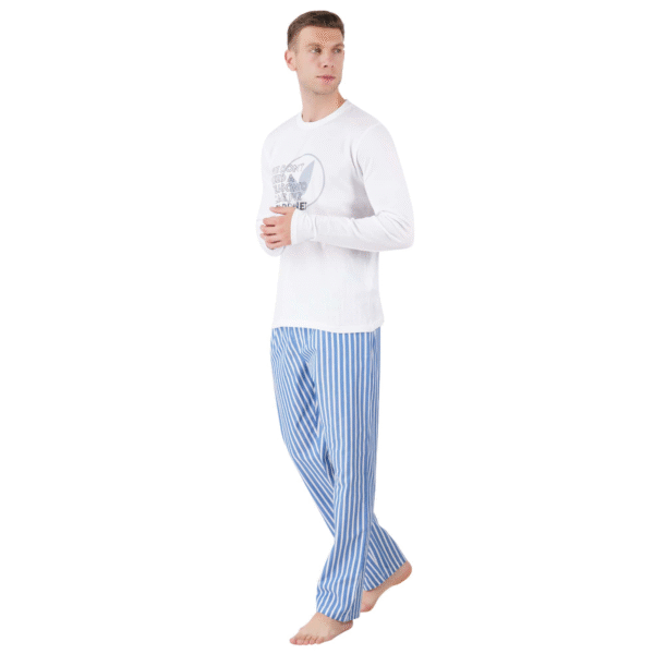 Men’s Cotton Nightwear Set (White & Blue) - Image 3