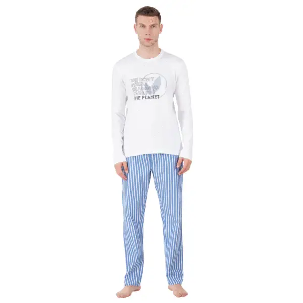 Men’s Cotton Nightwear Set (White & Blue)