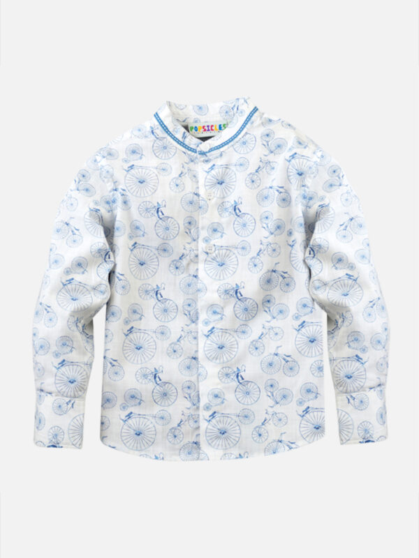 White Linen Bicycle Shirt For Boy